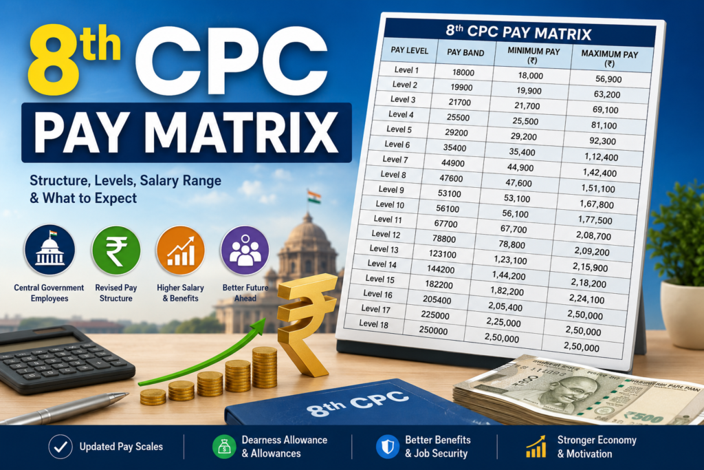 8th CPC Pay Matrix showing possible revised basic pay and Pay Levels