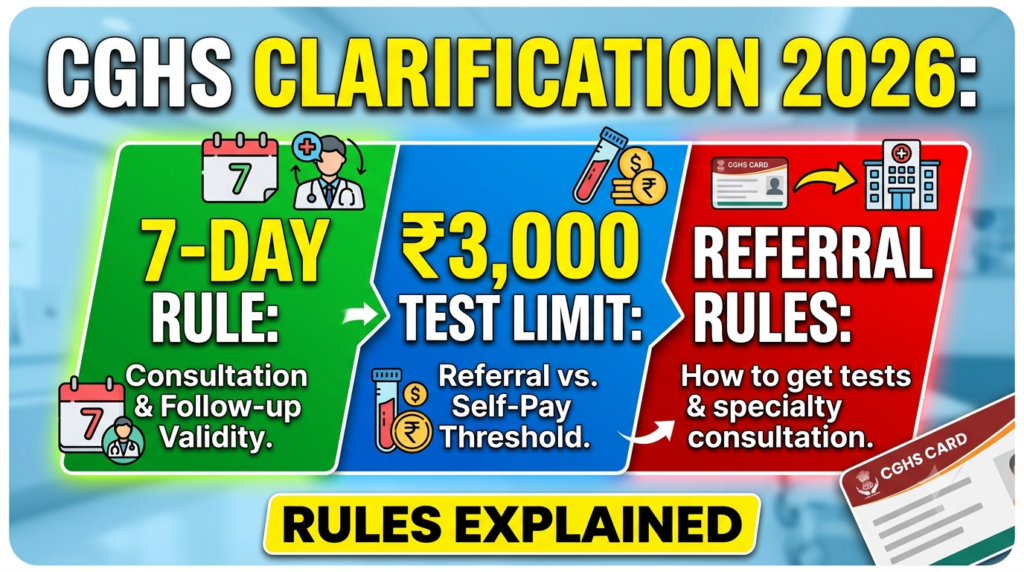 CGHS Clarification 2026 explaining 7-day consultation, ₹3,000 test limit and referral rules