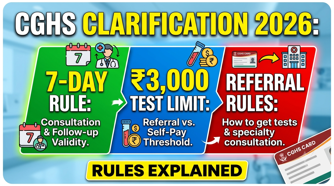 CGHS Clarification 2026 explaining 7-day consultation, ₹3,000 test limit and referral rules
