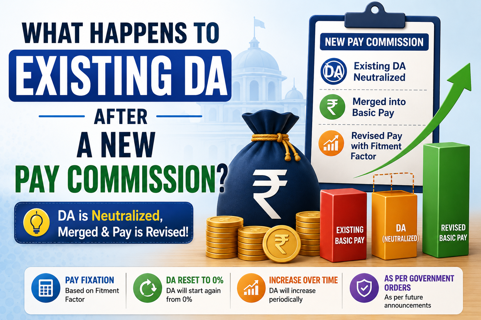 What happens to existing DA after a new pay commission