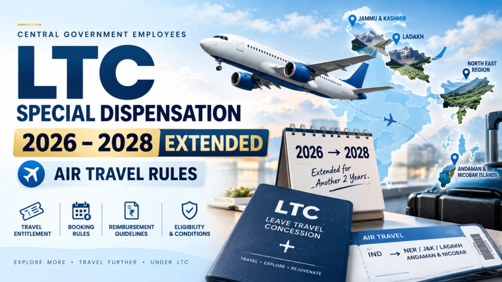LTC Special Dispensation Scheme 2026 extended till 25 September 2028. Check LTC air travel rules for NER, J&K, Ladakh and A&N.