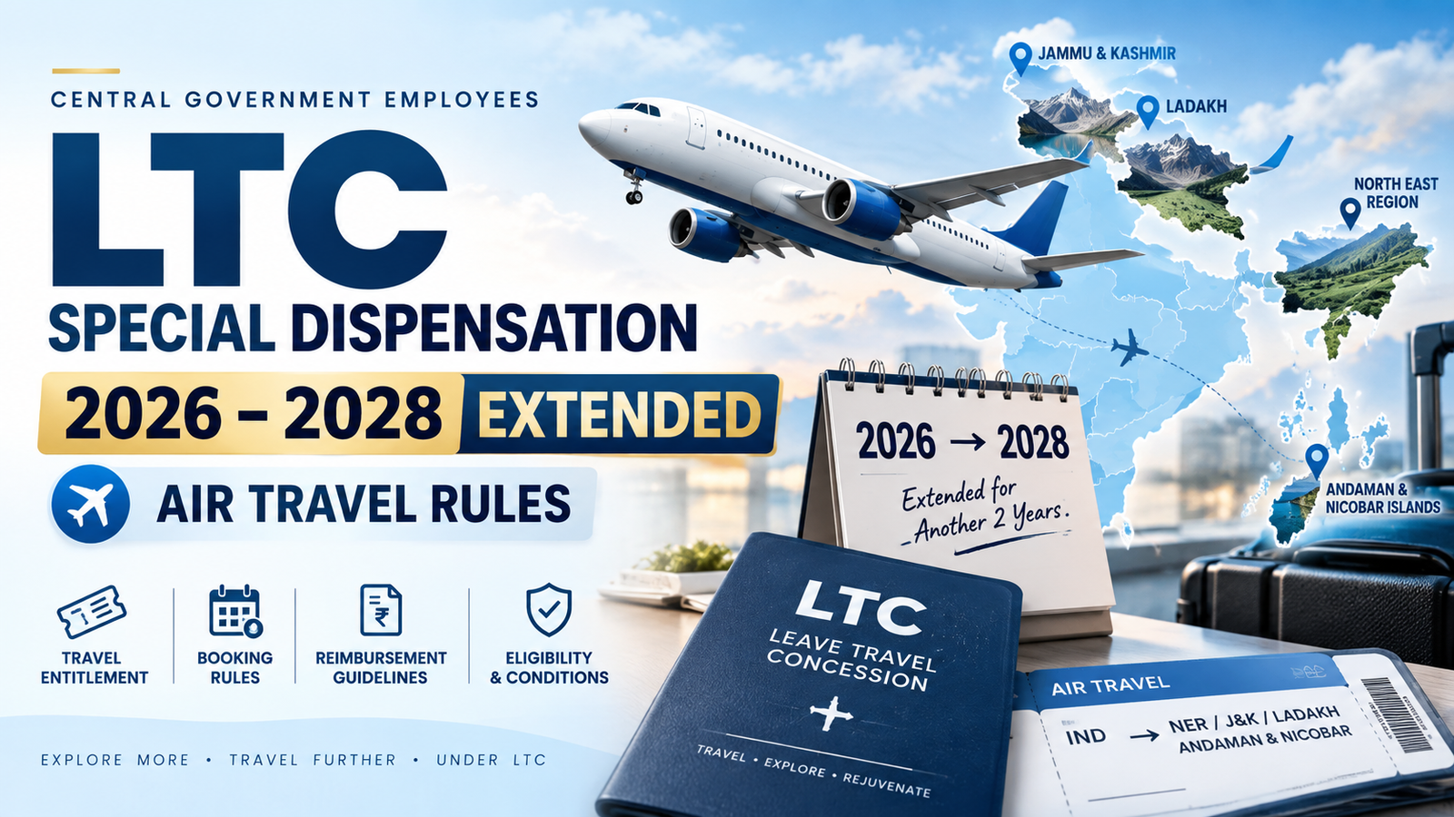 LTC Special Dispensation Scheme 2026 extended till 25 September 2028. Check LTC air travel rules for NER, J&K, Ladakh and A&N.